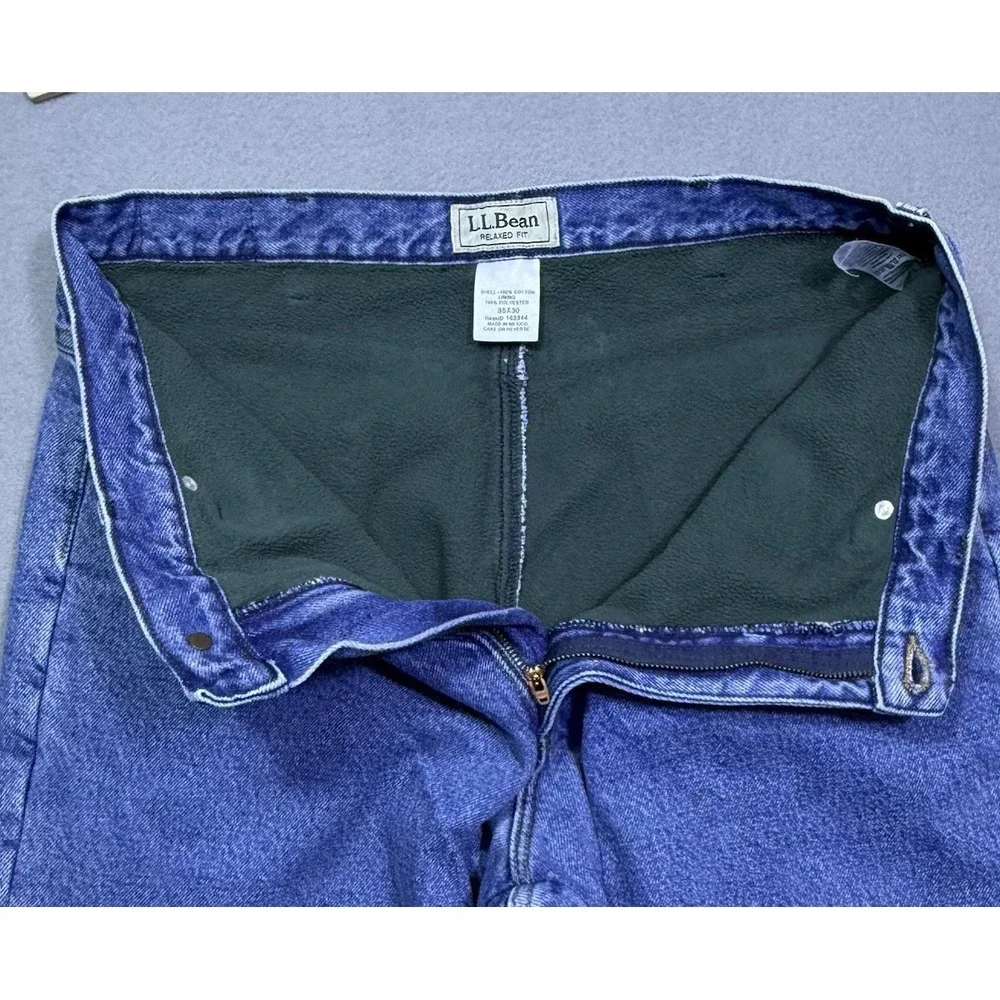 LL Bean Flannel Lined Jeans Mens 35x30 Relaxed Fit Cabincore Woodsy Garage